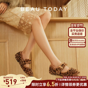 BeauToday豹纹羊毛玛丽珍鞋女春季毛毛鞋芭蕾舞鞋女BT平底雪地靴