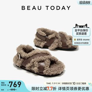 BeauToday平底毛毛鞋女款春夏季外穿加绒棉鞋一脚蹬拖鞋时装凉鞋