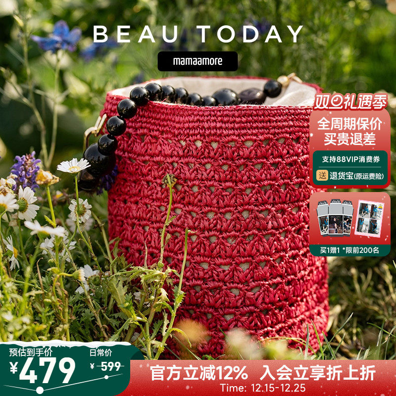 【mamaamore】红色水桶包女秋季民族风度假包包编织女包拉菲草包