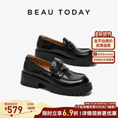 女款 厚底鞋 2025新款 BeauToday乐福鞋 秋黑色小皮鞋 一脚蹬单鞋 女鞋