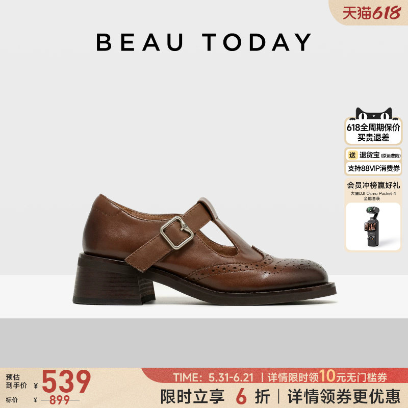 BeauToday厚底T字玛丽珍鞋夏季复古英伦风乐福鞋女雕花布洛克女鞋