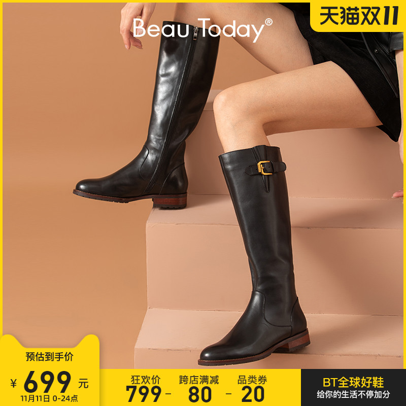 BeauToday年秋冬新款长筒靴女骑士靴高筒胎牛皮显瘦真皮靴子