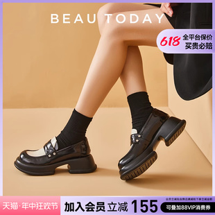 BT小皮鞋 白色真皮粗跟女单鞋 女鞋 BeauToday黑糖泡芙厚底乐福鞋