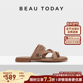 BeauToday平底罗马凉鞋 外穿真皮交叉绑带度假拖鞋 女2026春季 新款