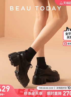 BeauToday榛果拿铁厚底乐福鞋女春季真皮英伦风小皮鞋BT黑色单鞋