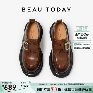 真皮厚底鞋 BeauToday棕色厚底乐福鞋 粗跟单鞋 英伦风小皮鞋 女春季