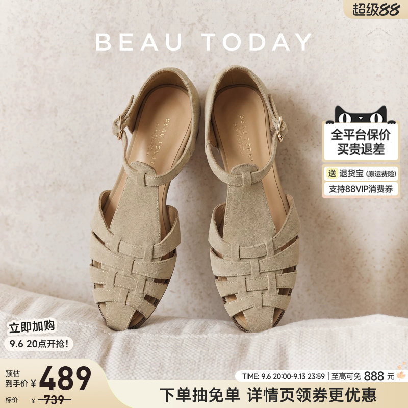 BeauToday真皮粗跟罗马凉鞋图片