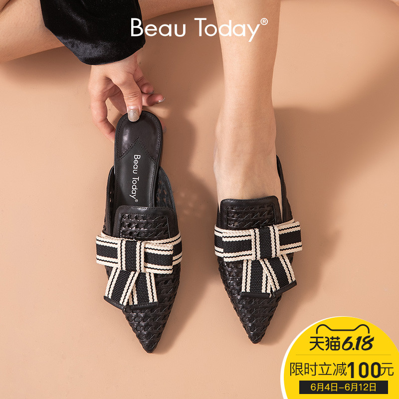 BeauToday夏季新款尖头包头凉拖鞋女低跟粗跟平底穆勒鞋女鞋