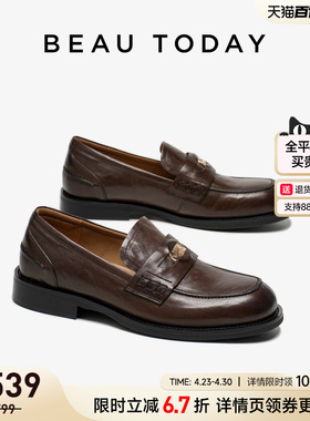 【焦糖金币】BeauToday乐福鞋女真皮英伦风小皮鞋一脚蹬棕色单鞋