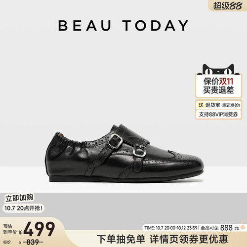 BeauToday羊皮乐福鞋布洛克女鞋