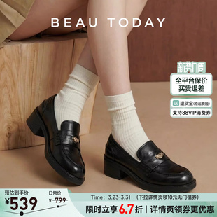 粗跟一脚蹬黑色单鞋 BeauToday厚底乐福鞋 真皮英伦风皮鞋 春季 女款