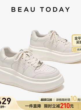 BeauToday厚底小白鞋女内增高单鞋春季休闲鞋白色板鞋女款老爹鞋