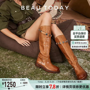 today水洗马皮骑士靴女长筒靴高筒靴复古靴子女 Beau 明星同款