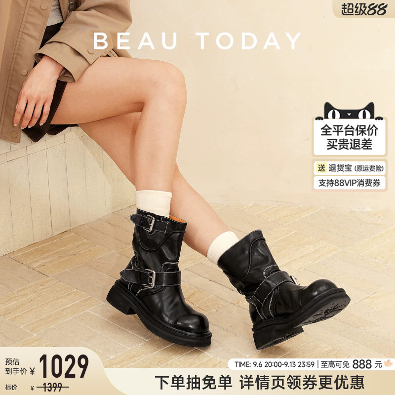 BeauToday厚底短靴子女款秋季黑色骑士靴英伦风机车靴真皮时装靴