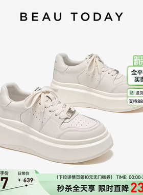 BeauToday厚底小白鞋女内增高单鞋春季休闲鞋白色板鞋女款老爹鞋