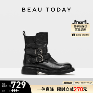 春季 BeauToday厚底粗跟骑士靴女2025新款 英伦风马丁靴真皮短靴子