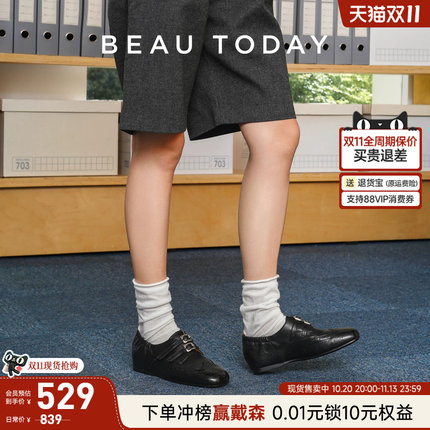 BeauToday黑色乐福鞋女2026新款英伦风小皮鞋BT布洛克女鞋孟克鞋
