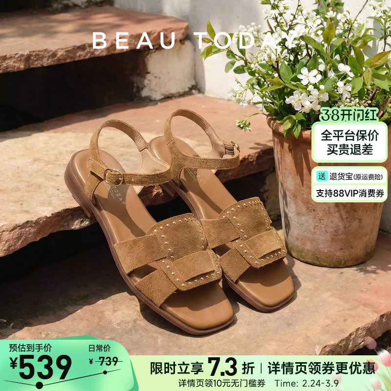 BeauToday罗马凉鞋女款2026新款平底真皮凉鞋沙滩鞋一字带凉鞋女