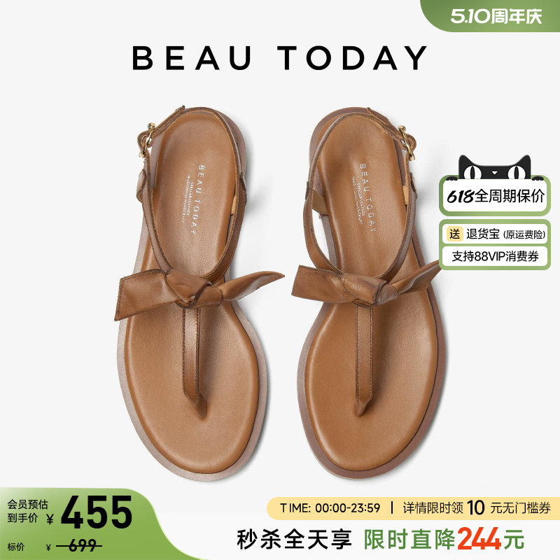 BeauToday凉鞋女款夏季夹脚凉鞋夹趾棕色罗马凉鞋女平底度假凉鞋