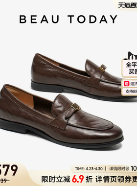 BeauToday乐福鞋女2026春季一脚蹬黑色英伦风小皮鞋平底浅口单鞋