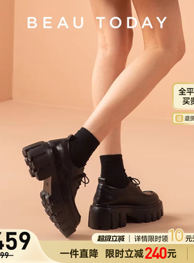 BeauToday榛果拿铁厚底乐福鞋女春季真皮英伦风小皮鞋BT黑色单鞋