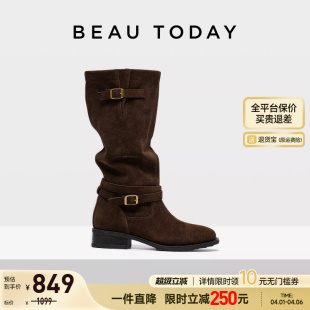 BeauToday复古长筒靴女皮带扣高筒骑士靴真皮堆堆靴 弥野牧歌