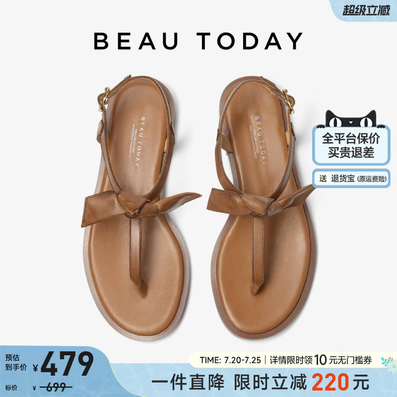 BeauToday凉鞋女款夏季夹脚凉鞋夹趾棕色罗马凉鞋女平底度假凉鞋