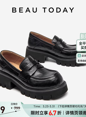 BeauToday厚底乐福鞋女春季黑色粗跟单鞋BT英伦风小皮鞋真皮单鞋