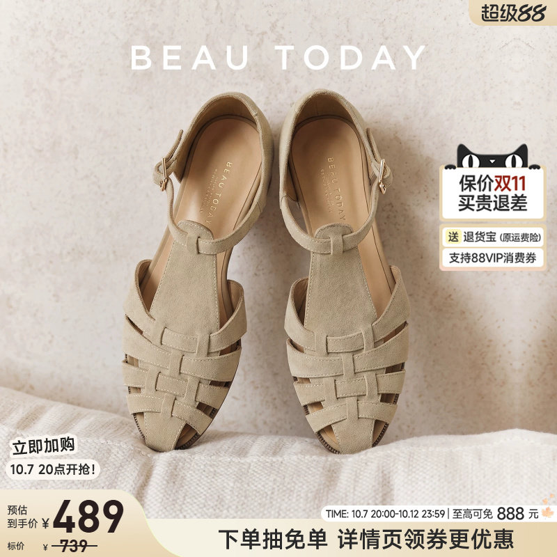 BeauToday罗马凉鞋女2026新款夏季编织镂空粗跟凉鞋真皮包头凉鞋
