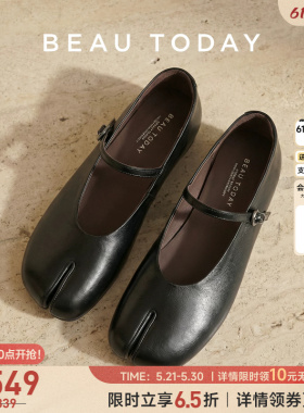 BeauToday法式玛丽珍鞋女2026新款黑色真皮分趾鞋平底浅口单鞋子