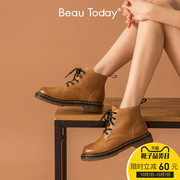 BeauToday2019秋冬新款厚底系带马丁靴女鞋粗跟圆头真皮复古时尚