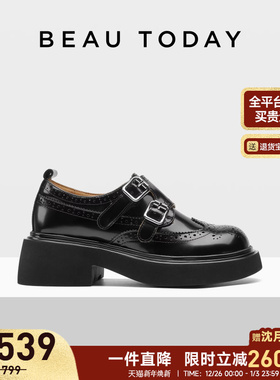 BeauToday厚底乐福鞋女秋季新款真皮布洛克雕花女鞋英伦风孟克鞋