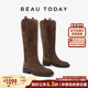 BeauToday棕色长筒靴女款 靴真皮高筒骑士靴 复古时装 2025新款 秋季