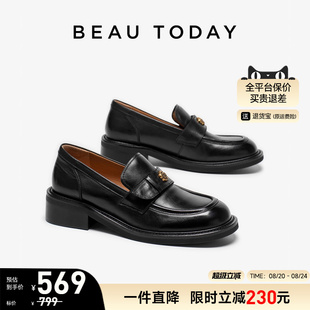 真皮单鞋 BeauToday山茶花乐福鞋 复古英伦风小皮鞋 女2025新款 夏季