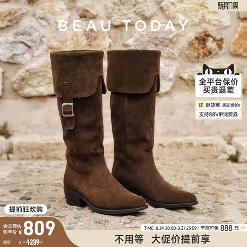 BeauToday长筒骑士靴粗跟