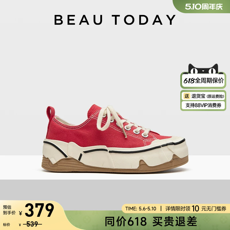 BeauToday厚底帆布鞋女款夏季红色休闲鞋女增高运动鞋复古板鞋女