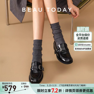 魔术贴黑色单鞋 BeauToday厚底乐福鞋 真皮英伦风小皮鞋 春季 女款