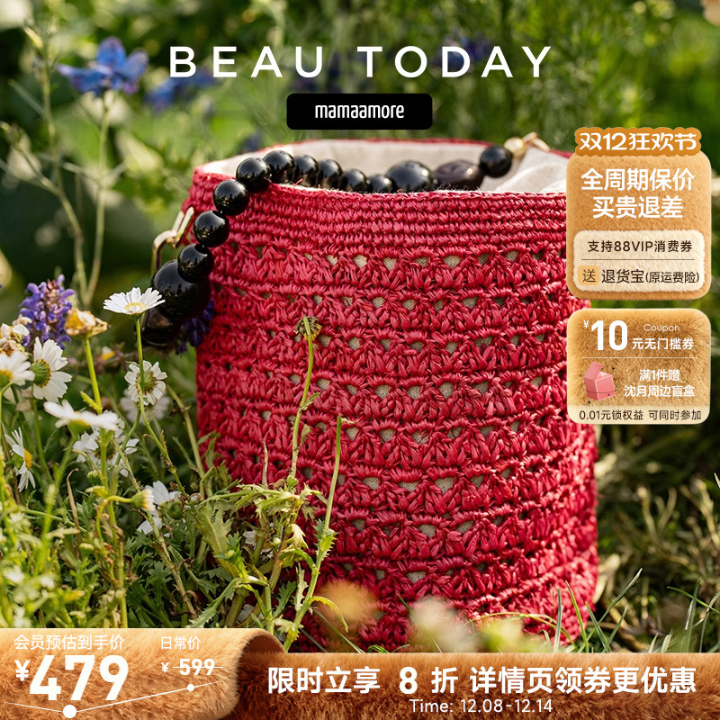 BeauToday水桶包红色编织小众