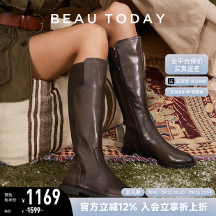 BeauToday黑色长筒靴女秋季 瘦瘦靴设计感骑士靴 真皮骑士靴子时尚