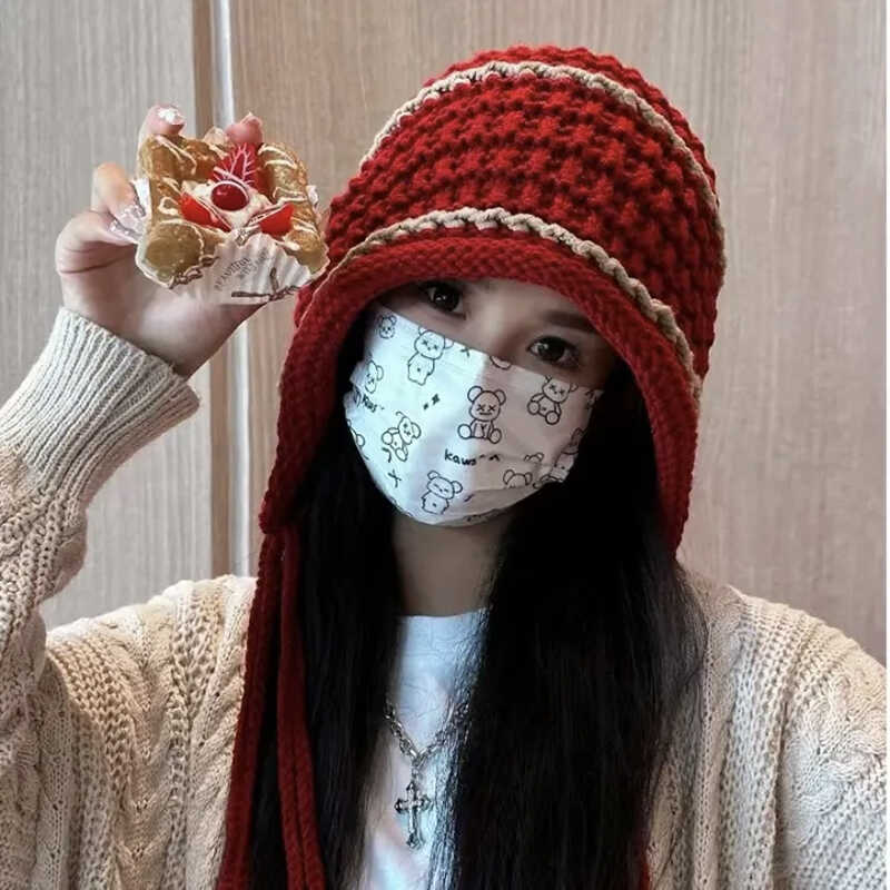 手工款流苏针织毛线帽女秋冬护耳包头帽韩版学生百搭大头围雷锋帽