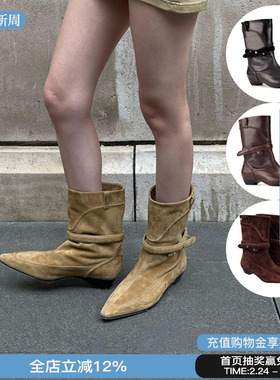 Orinous 2025新款V字合形绑带短靴尖头低跟麂皮靴子女时装靴