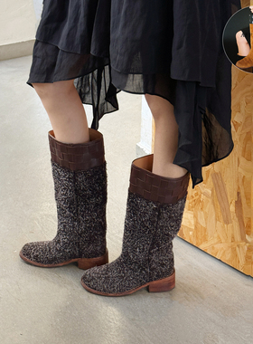 金靖同款Afflatus3 25新款牛反绒靴子手工编织圆头中筒靴短靴鞋子