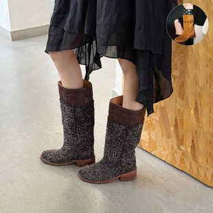金靖同款Afflatus3 25新款牛反绒靴子手工编织圆头中筒靴短靴鞋子