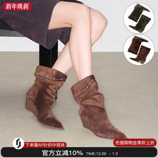 echo波西米亚堆褶西部靴坡跟尖头铆钉靴子女 欧阳娜娜同款 lost