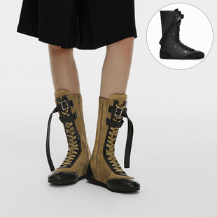 DYMONLATRY 2025新款条带饰扣拳击靴游牧风中筒靴拼色靴子M星店