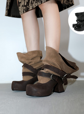 UBORYA 2026新款两穿法圆头阔腿堆堆靴拼色粗跟靴子女