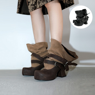 UBORYA 两穿法圆头阔腿堆堆靴拼色粗跟靴子女 2025秋冬新款