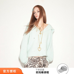 tokokkino 26春夏新款blue pearl湖蓝色珍珠羊绒毛衣套头帽子女