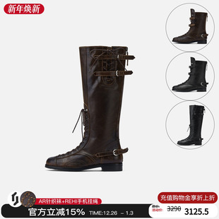 cotemp25秋冬新款 做旧坦克靴褶皱中筒靴绑带骑士靴金属搭扣靴子女