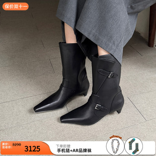 cotemp 26秋冬新款褶皮带马靴尖头低跟短靴细跟时装靴百搭靴子女
